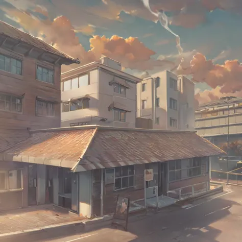 anime - style image of a building with a roof and a sky background