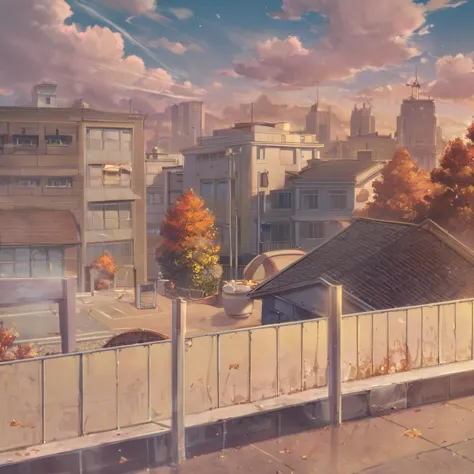 anime city with a fence and a bench in the foreground