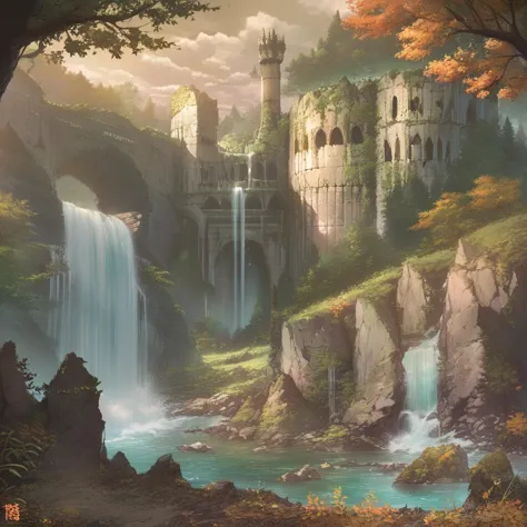 a painting of a castle in the middle of a forest