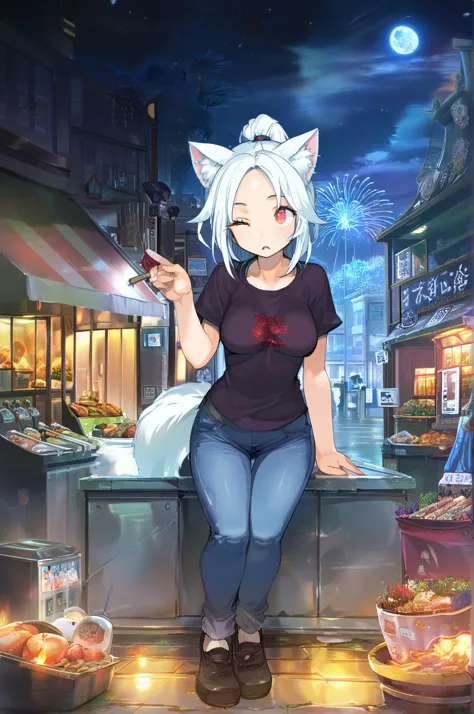 anime girl with cat ears sitting on a counter in a city