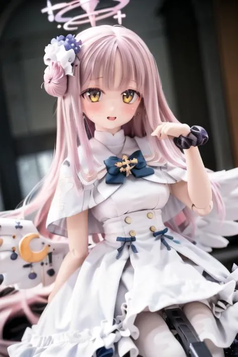 a close up of a doll with a dress and a bow