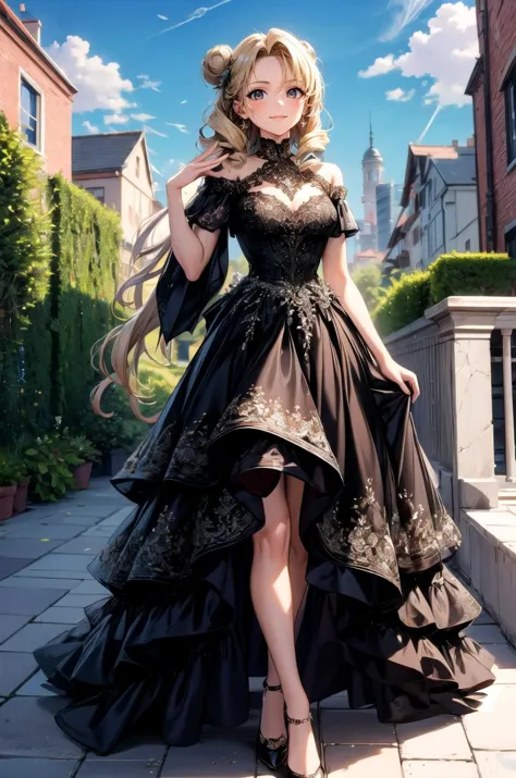 (masterpiece, best quality, detailed), 1girl, solo, looking at viewer, long hair, blonde hair, double bun, drill hair, brown eyes,
<lora:wrenchelegadome:0.8>, wrenchelegadome, black dress, layered dress, long dress, outdoors, rooftop, day, cityscape, blue sky, cloud, scenery, railing, fisheye, waving, hand up, arm up, walking, smile, closed mouth