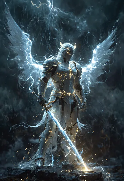 A magic sword knight,wings of the archangel,composed of elements of thunder,thunder,electricity,His form is barely tangible,(with a soft glow emanating from his gentle contours:1.2),The surroundings subtly distort through her ethereal presence,casting a dreamlike ambiance,white lightning,(Surrounded by thunder and lightning elemental magic:1.3),