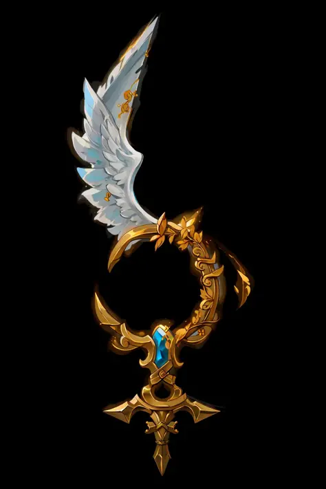 <lora:Pecha_Swords_LORA_V1:1>,best quality, Trending on Artstation, masterpiece, cleaver and angel, straight (angel wings and handle) with bracket,gold foil,gold leaf art