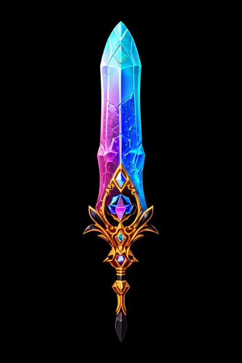 (Black background, no background, focus on object, black, concept art:1.2), game art of a crystal cleaver, (cleaver), gold and iridescent hilt , arcane engravings, kaleidoscope of vibrant colors, made of crystals, <lora:Pecha_Swords_LORA_V1.2:0.7> <lora:ad...