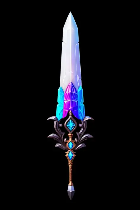 (Black background, no background, focus on object, black, concept art:1.2), game art of a crystal blade, , (sword), ivory and silver hilt , arcane engravings, kaleidoscope of vibrant colors, made of crystals, <lora:Pecha_Swords_LORA_V1.2:0.7> <lora:add_det...
