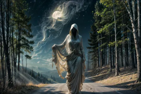 arafed woman in a white dress walking down a road with a moon in the sky