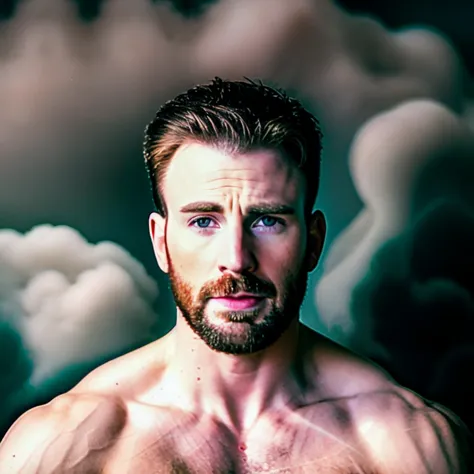 portrait of chrisevans person shirtless, professional photography, high resolution, 4k, 50mm, vaporwave, photo by Brooke Shaden,...