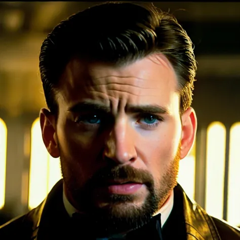 RAW face closeup portrait of chrisevans person wearing a tuxedo, professional photography, in blade runner, high resolution, 4k,...