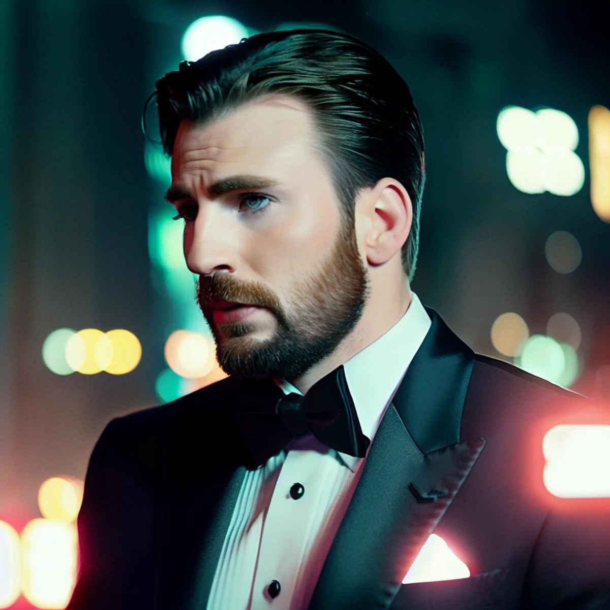 RAW full body portrait of chrisevans person wearing a tuxedo, professional photography, in blade runner, high resolution, 4k, 50mm, vaporwave, photo by Brooke Shaden, 