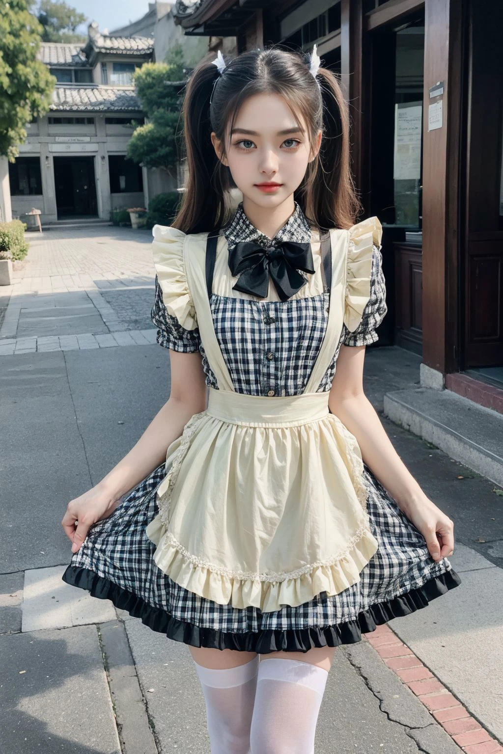 1girl, Skindentation, blush, walking, in front of Chinese garden, wearing a flowing orange sailor uniform, silver low twintail, and violet eyes, looking at the viewer, extremely beautiful, pale skin, angel, maid, orange crossdressing, apron, plaid,
