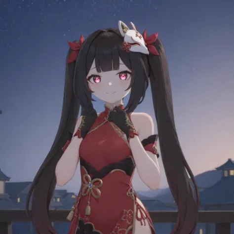 1girl, solo, long hair, looking at viewer, smile, blunt bangs, hair ornament, bare shoulders, twintails, closed mouth, ((sky)), black gloves, finger on chin, pink eyes, fox mask, night, chinese clothes, red dress, star, night sky, china dress, starry sky, single glove, asymmetrical sleeves, mismatched sleeves, Sparkle \(Honkai: Star Rail\), butterfly-shaped pupils, multicolored hair, mask on head, red dots under eyes, cherry blossom tattoo on shoulder, dark brown hair <lora:Double_double_Guinaifen_Sparkle:1>