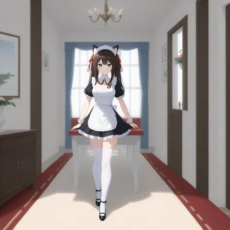 anime character in a hallway with a window and a red carpet