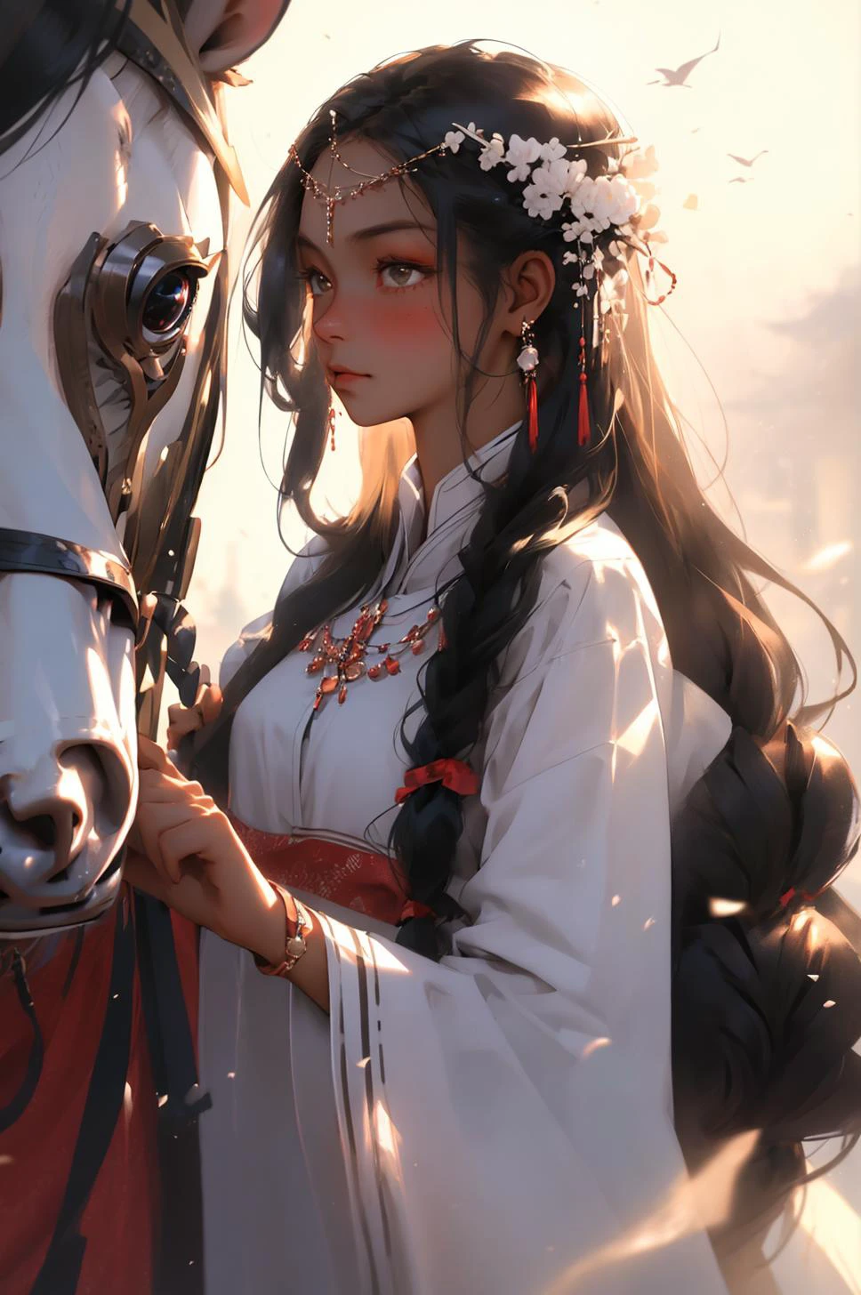 1girl,white horse, black hair, earrings, jewelry, long hair, horseback riding, looking at viewer, sash, solo, dark skin, blush, braid, riding,  snow,masterpiece, best quality,