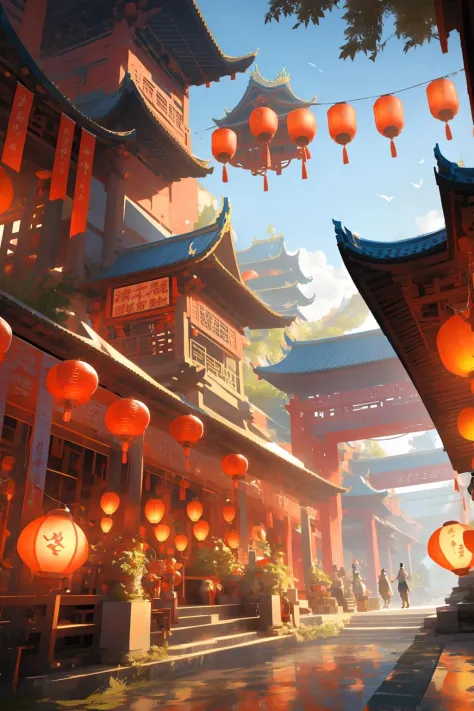 <lora:niji_20230529141232:0.8>, architecture, east asian architecture, scenery, lantern, pagoda, outdoors, sky, paper lantern, c...