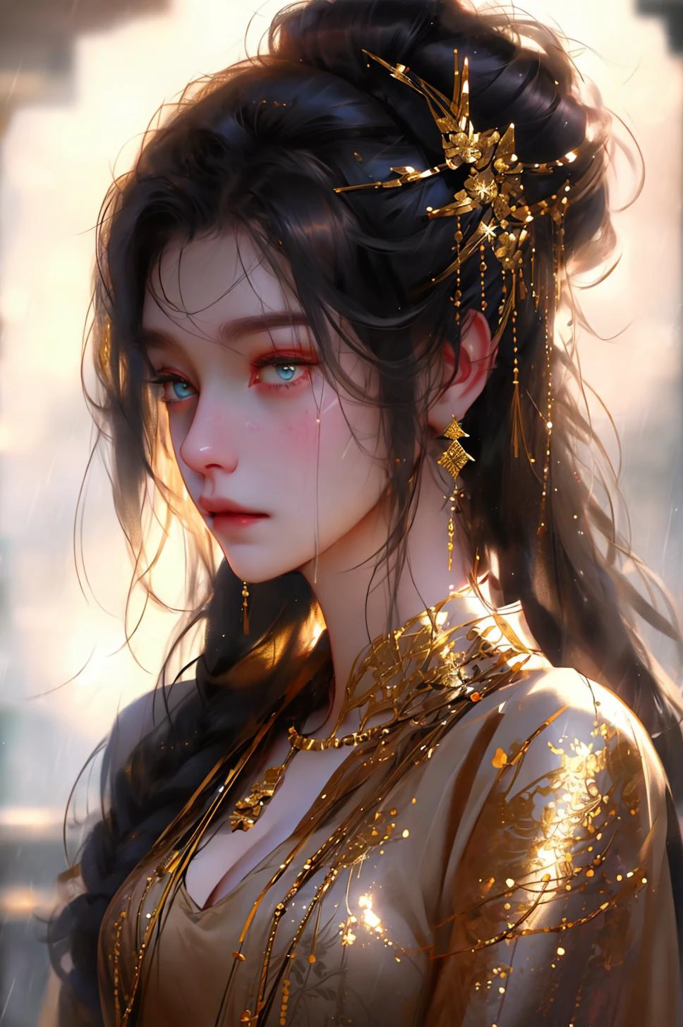 gold tattoos with a girl in rain with golden earrings, in the style of vray tracing, martin ansin, yuumei, poured, close up, dark white and gold, speedpainting, masterpiece, best quality,