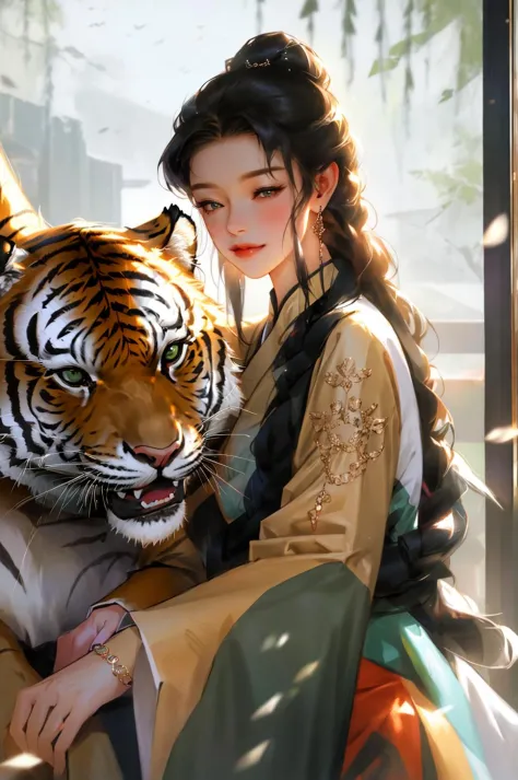 1girl, smile, tiger, closed eyes, braid, jewelry, long sleeves, earrings, animal, own hands together, glowing, long hair, single...