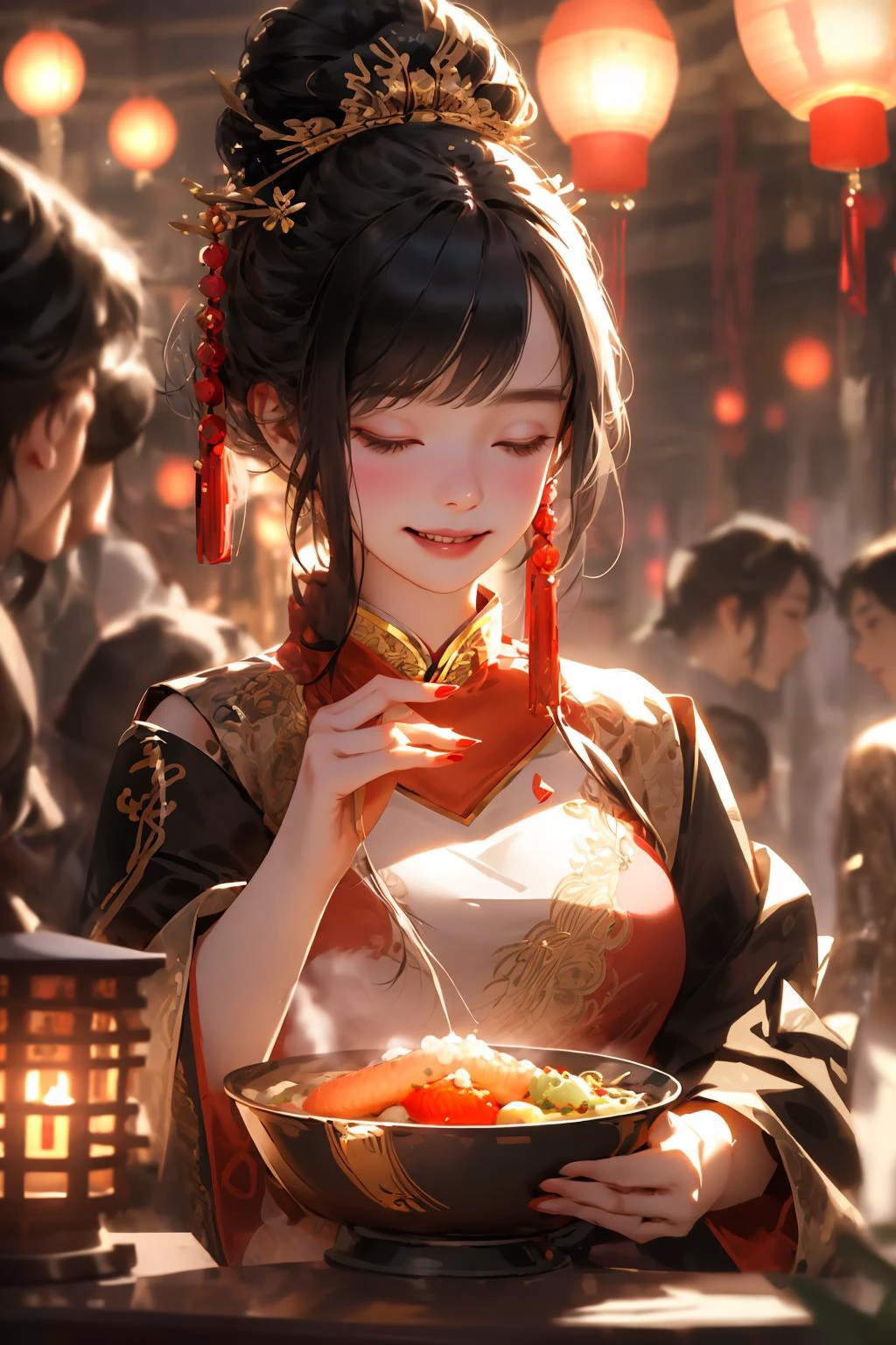 food, holding, smile, hair ornament, closed eyes, solo focus, blush, bangs, lantern, black hair, paper lantern, fish, 1girl, blurry, red nails, upper body, long sleeves, bowl, nail polish, blurry background, chinese clothes, frills, grin, hair bun, multiple girls, festival masterpiece, best quality,