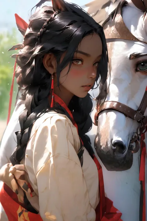 1girl, horse, black hair, earrings, jewelry, long hair, horseback riding, looking at viewer, sash, solo, dark skin, blush, braid...