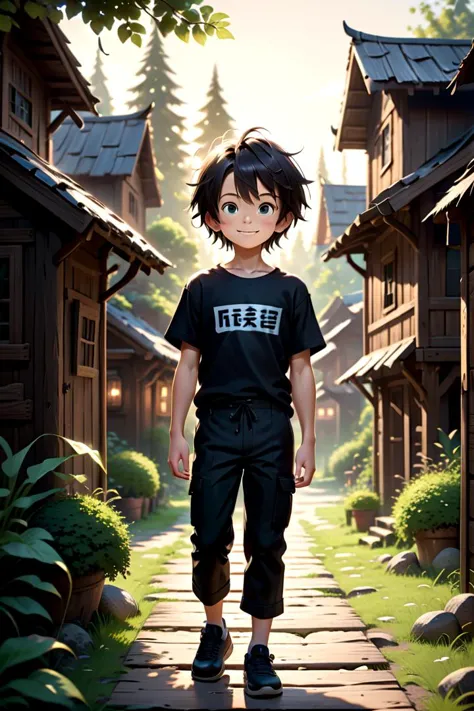 a cartoon boy standing on a path in a village