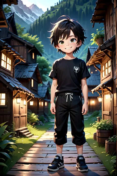 anime boy standing in front of a small village with a mountain in the background