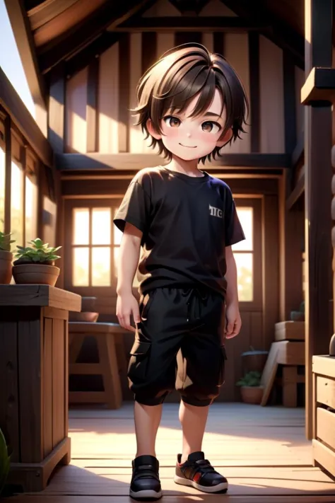 <lora:cutifiedanimecharacterdesign_variant_type_C_SDXL_v10:0.55>
one boy standing alone in a wooden village, hair is short, wearing a t-shirt and black box pants, 
full body, looking at viewer, smile,
The soft lighting and detailed surroundings create an immersive environment where imagination runs wild,
hyper-detailed, high quality visuals, dim Lighting, ultra-realistic, sharply focused, octane render, 8k UHD