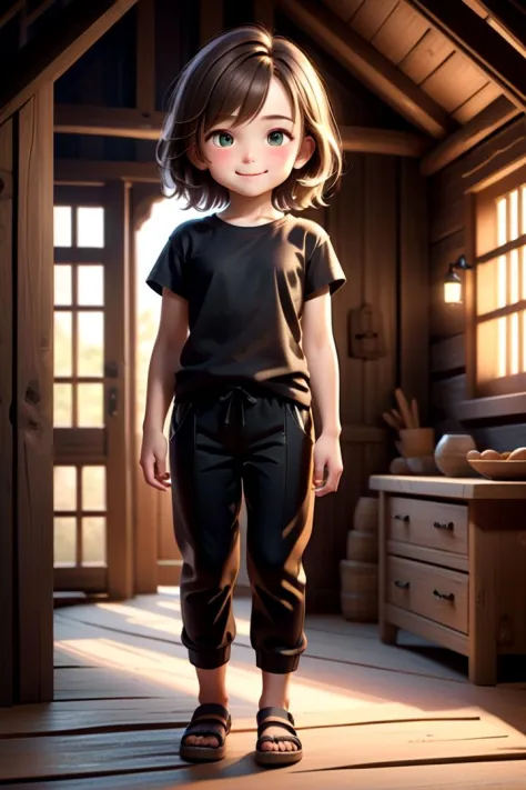 <lora:cutifiedanimecharacterdesign_variant_type_C_SDXL_v10:0.55>
one girl standing alone in a wooden village, hair is short, wearing a t-shirt and black box pants, 
full body, looking at viewer, smile,
The soft lighting and detailed surroundings create an immersive environment where imagination runs wild,
hyper-detailed, high quality visuals, dim Lighting, ultra-realistic, sharply focused, octane render, 8k UHD