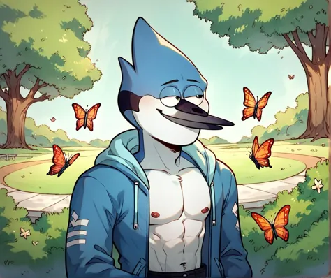 <lora:Regular_Show_Style:0.7> regularshow,   hi res,  score_9,score_8_up,score_7_up,      a blue jay listening to a music with a...