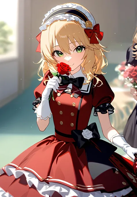 1girl, 
sakurai momoka, idolmaster, 
smile, rose, blurry, holding, black hairband, red flower, red dress, flower, red rose, bow, short sleeves, puffy short sleeves, gloves, long hair, dress, solo, green eyes, holding flower, hair bow, looking at viewer, frilled hairband, blurry background, frills, red bow, white gloves, hairband, frilled dress, puffy sleeves, blonde hair, closed mouth, hair between eyes, depth of field, 
masterpiece, newest, absurdres, safe
 <lora:2080ti_ag31_sakurai_momoka-000018:1> <lora:a31_style_koni:1>