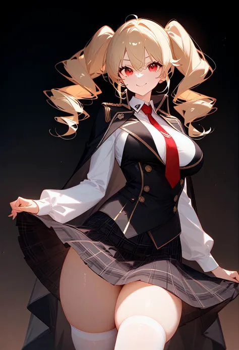 (masterpiece, best quality, very aesthetic, absurdres), no_lighting, looking at viewer, solo, smile, 1girl, large breasts, large breasts, wide hips, thin waist, anchovy_(girls_and_panzer), blonde hair, long hair, twin drills, bangs, red eyes, (white collared shirt, long sleeves), white stockings, black skirt, plaid skirt, red necktie, black cape, cowboy shot, dark background, black background, (ultra detailed perfect piece:1.2), illustration, masterpiece, (extremely detailed CG 8k), (very fine 8K CG) <lora:more_details:0.5>