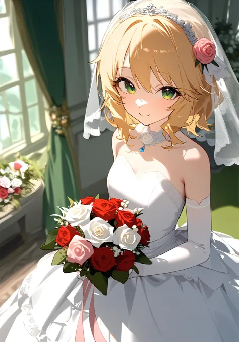 1girl, 
sakurai momoka, idolmaster, 
greenhouse, blurry, short hair, looking at viewer, rose, green eyes, wedding dress, standin...