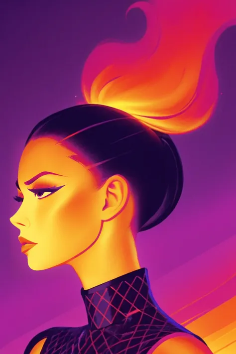 conceito cartaz arte ember rabo de cavalo elegante, Close-up . arte digital de Tom Whalen, linhas em negrito, vibrante, cores saturadas, fusão dinâmica de elementos retrô e contemporâneos 