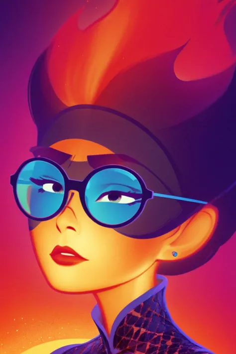 concept poster art ember wearing retro glasses, (sulking pout), close up shot <lora:Ember_Elemental:1>. digital artwork by tom w...