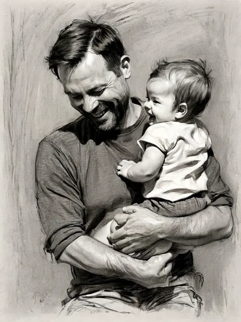 portrait of a father with his baby giggling<lora:A_Graphite_Style:1> graphite_charcoal, (bold strokes:1.3), paper grain, sketch