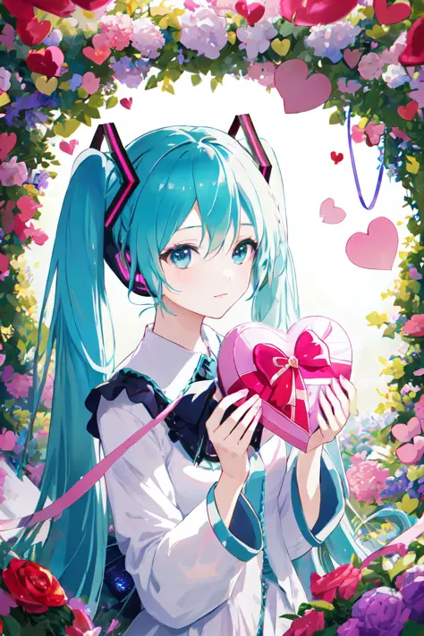 hatsune miku, valentine, hearts, love is in the air, highly detailed, absurd res, perfect image, (flower_style:0.8)