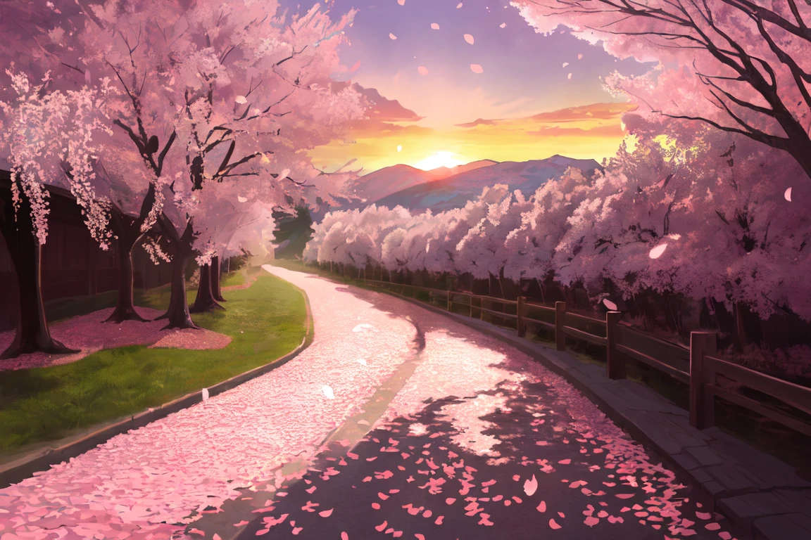 (Fotorrealista:1.2), ilustrado por Hidenori Matsubara, vibrante paisaje de fantasía, pétalos de flor de cerezo cayendo, Iluminado por una cálida y acogedora puesta de sol., sombreados y texturas suaves, y un brillo sutil
