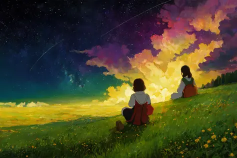 (ghibli style:0.9), field, (sitting on the ground:0.8), starry sky, 
dreamlike,renaissance, detailed,
digital painting, best qua...