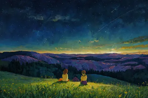 (ghibli style:0.9), field, (sitting on the ground:0.8), starry sky, 
dreamlike,renaissance, detailed,
digital painting, best qua...