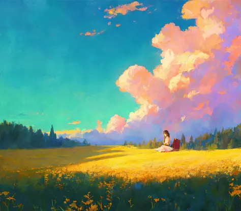 field, sitting on the ground,
dreamlike,renaissance,
digital painting, best quality, masterpiece, impressionism, vibrant colors,<lora:openjourneyLora:0.5>