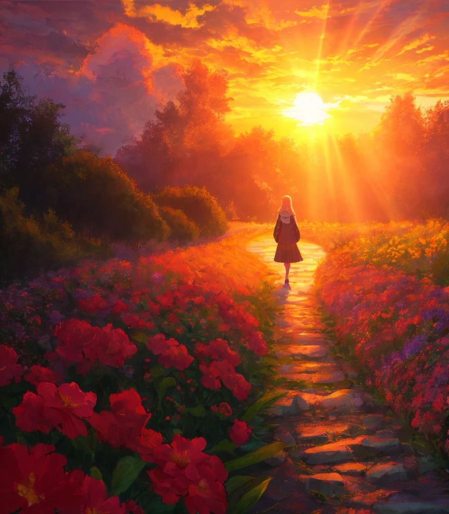 sunset, flowers, (path:0.8), (countryside:0.8), 
dreamlike, 
digital painting, best quality, masterpiece, impressionism, vibrant colors, volumetric lighting. soft light, diffused lighting,  radiant light rays,