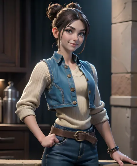 lifen, single hair bun, brown hair, brown eyes,  
blue tights,  blue vest, spike bangles,  toned, 
 solo,   streets,  arena, 
standing, upper body,  smile,  cowboy shot, 
(insanely detailed, beautiful detailed face,, masterpiece, best quality) cinematic lighting, 