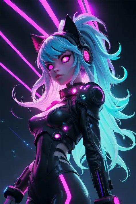 a woman in a black cat suit with blue hair and a pink light