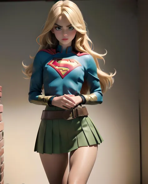 wide shot photo, 1girl, beautiful woman, as supergirl. Super hero. green and tan digital camouflage pleated skirt. Alice Eve mix...