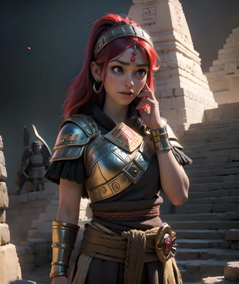 high detail RAW color Photo of  beautiful 30yo woman,   mayan, head band, armor, mayan pyramid GlowingRunesAIV2_red
photorealist...