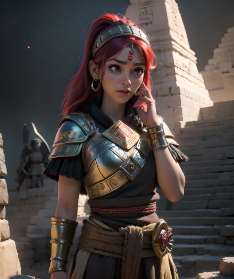 high detail RAW color Photo of  beautiful 30yo woman,   mayan, head band, armor, mayan pyramid GlowingRunesAIV2_red
photorealistic,  35mm, masterpiece, best quality, 8K,UHD
realistic,  highly detailed, harsh lighting, cinematic lighting,  
 <lora:GlowingRunesAIV6:0.8>