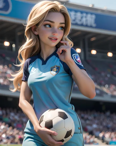 beautiful:1.2, (cute:1.3) (curvy:0.7), female soccer player in a crowded stadium, soccer ball, (smiling:0.7), detailed skin, (re...