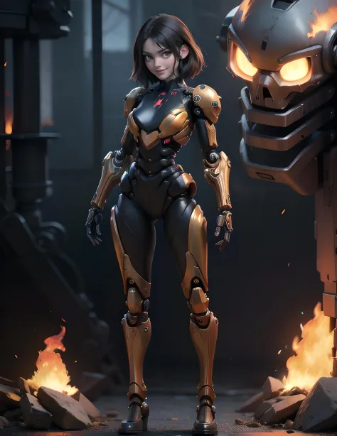 (biomechanical, mechanical, fire elemental, glowing embers:1.2), mid body photo, photorealistic, highres, burning, flame, embers, masterpiece, perfect lighting, bloom, adult, modest breasts, (eliselastnamesd15, smile:1), full lips, (detailed face:1.1), looking a viewer, full body photo low angle full body shot, photorealistic,  menacing, eerie, gritty, noir, mechanical parts, machine,   
(rseemma:1.1),
