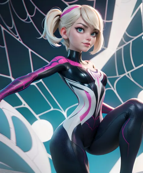 顔, 1人の女の子, グウェン_ステイシー, (spider-グウェン suit,ボディスーツ,スーパーヒーロー,蜘蛛の巣プリント,グウェン ステイシー:1.1),シアンの髪,ショートヘア,アニメーション化,(非常に詳細な,高解像度, 最も詳細な,8K,不条理な,CG),ハッピー,タイツ, 美的でないXLv31,