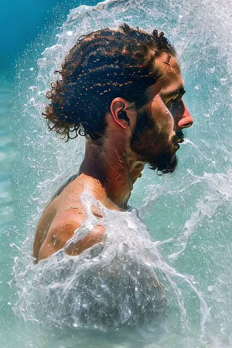 Head, water instead of hair made of water, waves hugging naked upper body, look over shoulder, hyperrealistic, real photo shoot,...