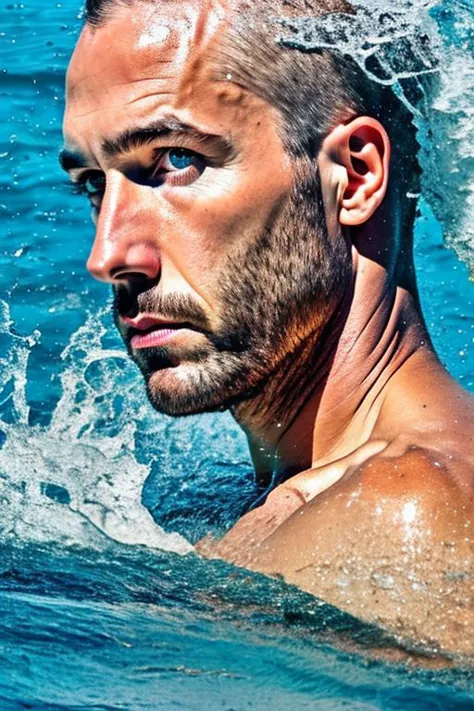 Man, Head, water instead of hair made of water, waves hugging naked upper body, look over shoulder, hyperrealistic, real photo s...